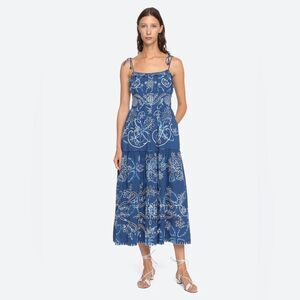 Sea Liat Blue Tie Dye Eyelet Embroidered Tie Strap A-Line Midi Dress Size 4